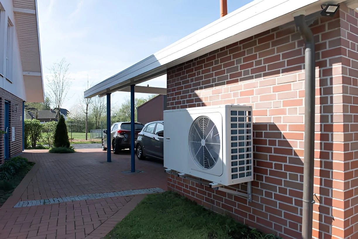 white heat pump mounted on brick wall
