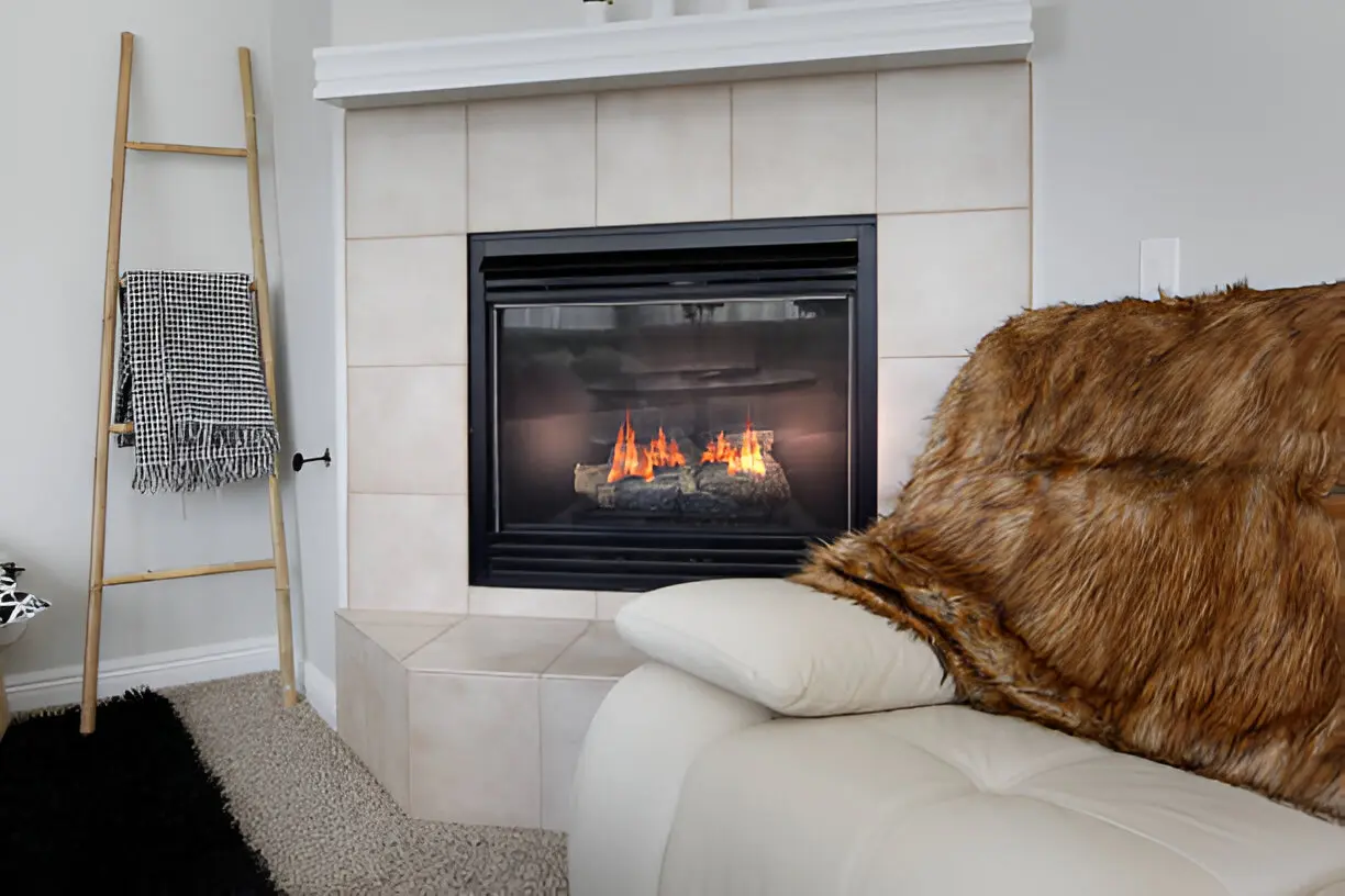 digital fireplace with wite sofa