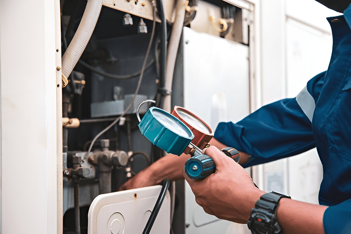 Borts-HVAC heat pump maintenance by technician